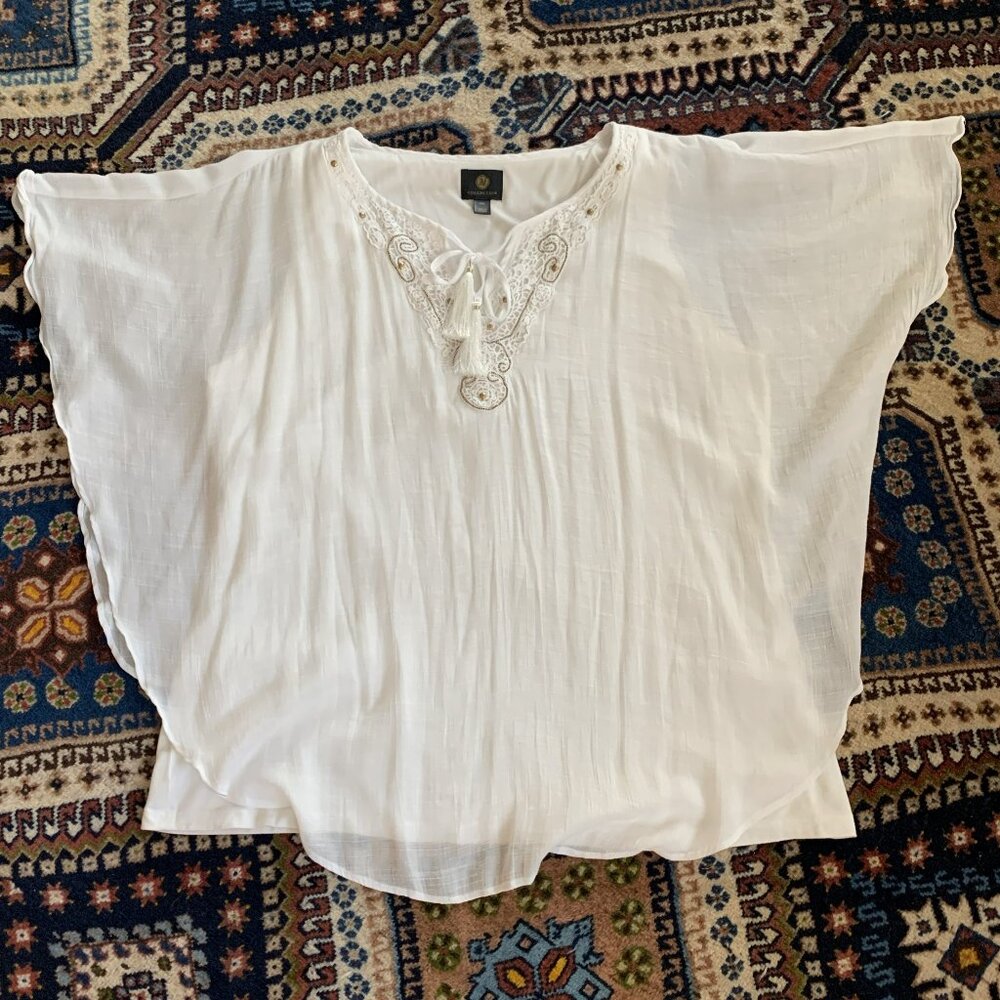JM Collection White Poncho Top with Embellished Neckline - Picture 3 of 8